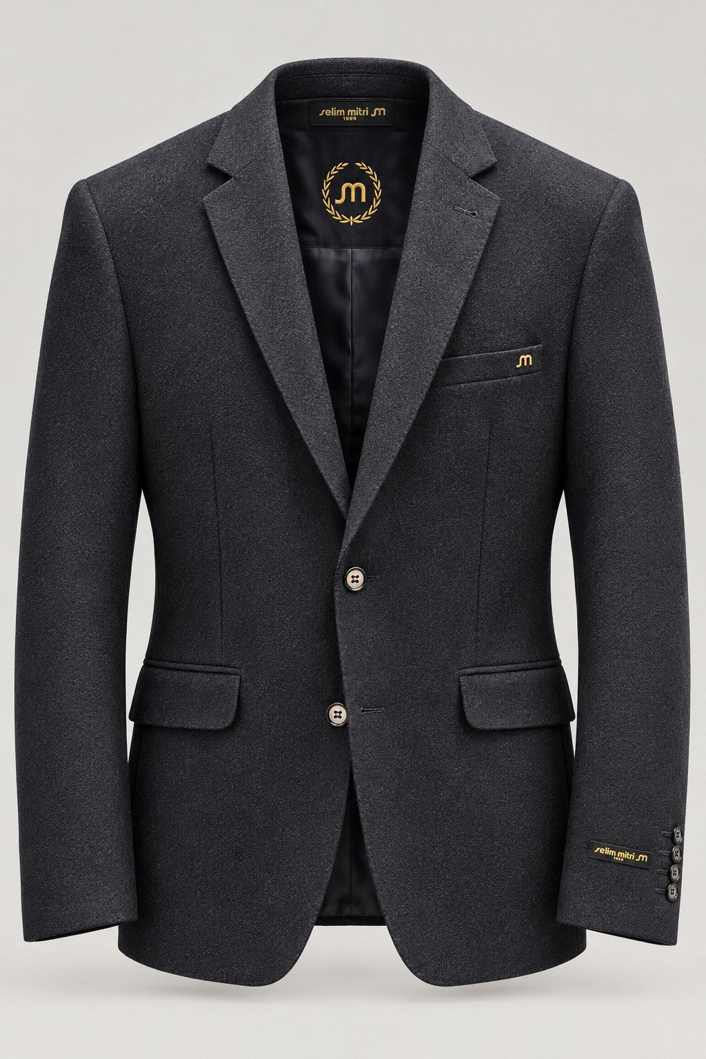 Deep Navy Textured Tailored Blazer — Branded front and interior view