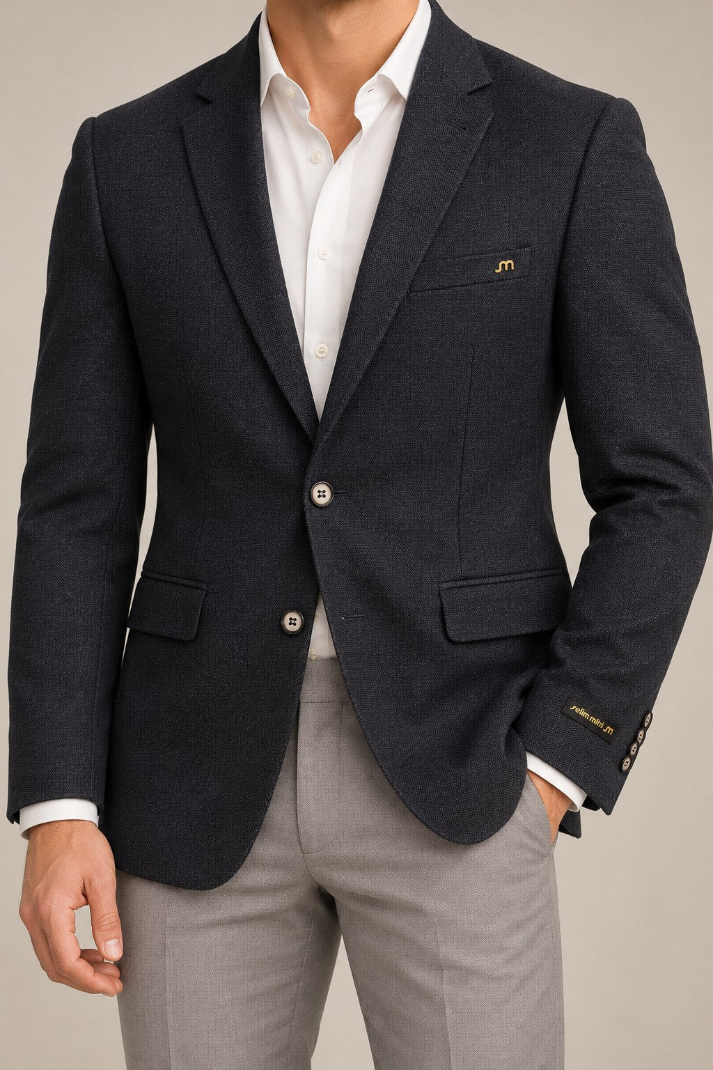 Deep Navy Textured Tailored Blazer — Close fit view
