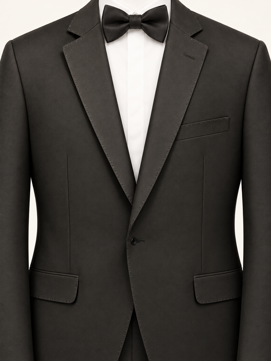 Obsidian Black Pick-Stitch Tuxedo, closure and pocket detail