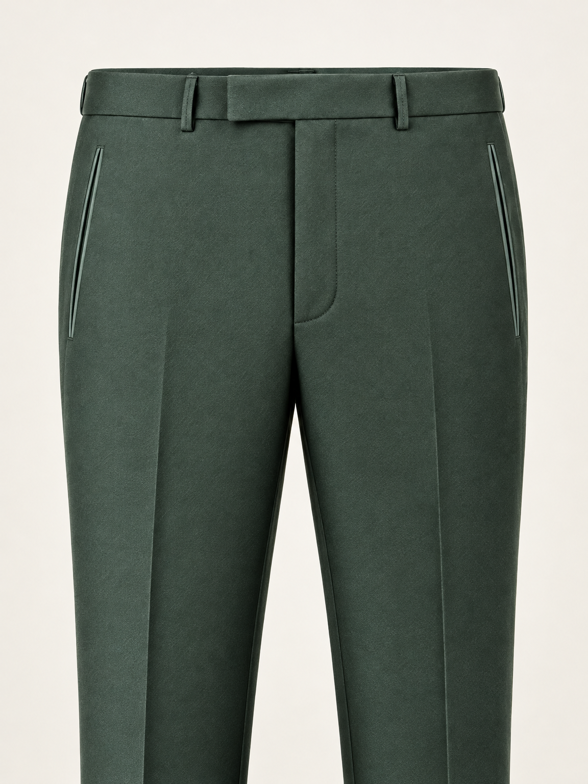 Verdant Green Peak-Lapel Tuxedo, provisional trouser waistband detail