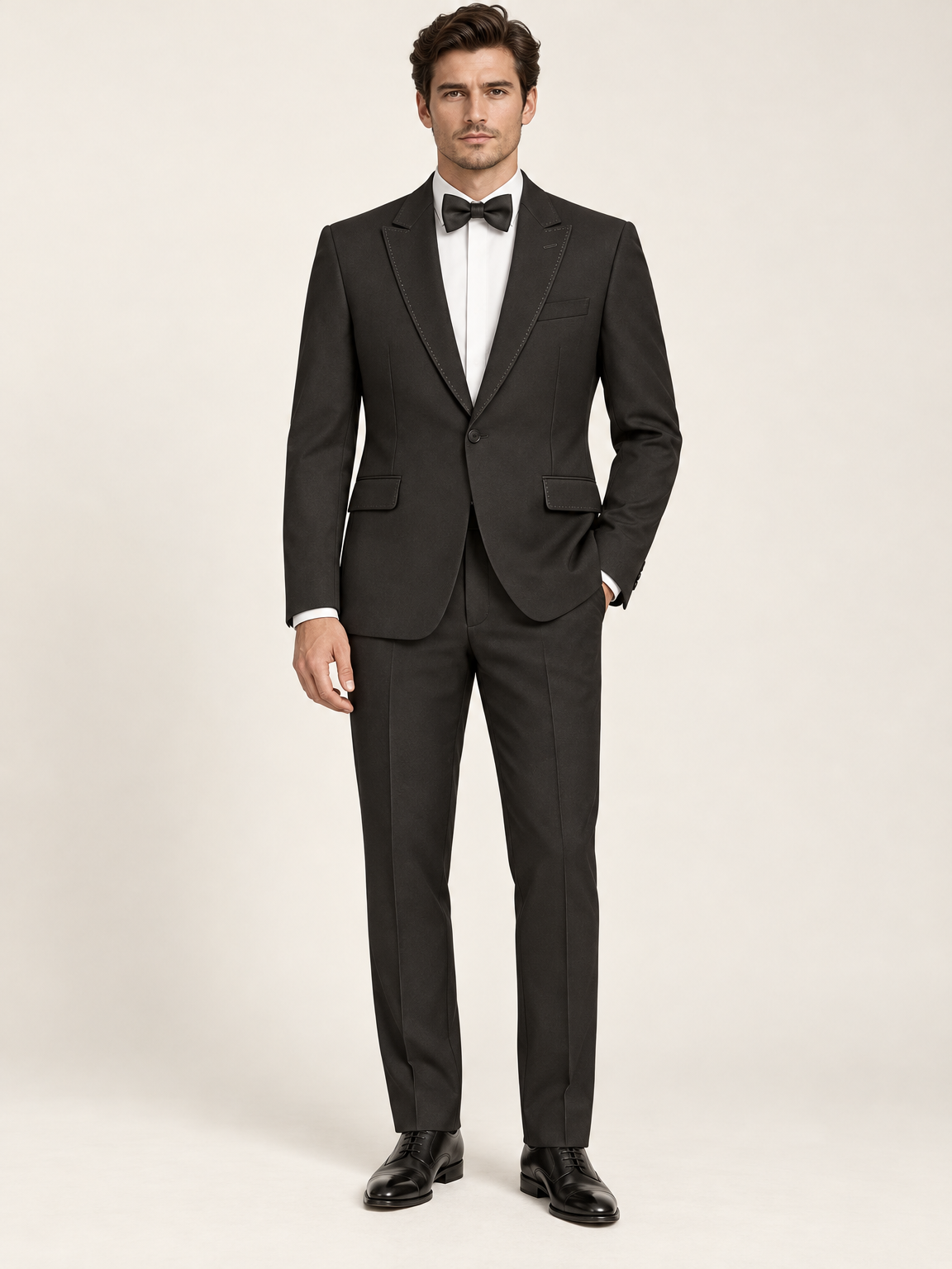 Obsidian Black Pick-Stitch Tuxedo, provisional trouser hem concept