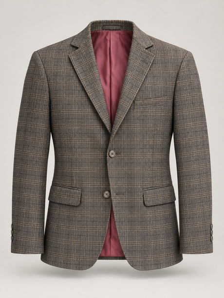 Gray-Brown Plaid Blazer with Pink Lining — 01 front ghost