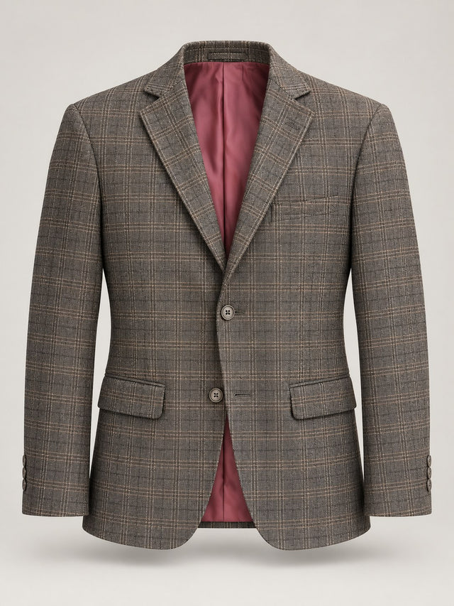 Gray-Brown Plaid Blazer with Pink Lining — 01 front ghost