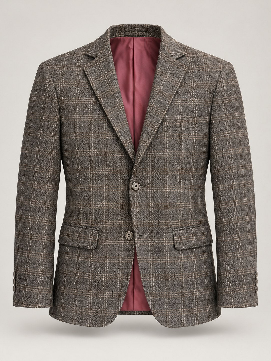 Gray-Brown Plaid Blazer with Pink Lining — Front product view