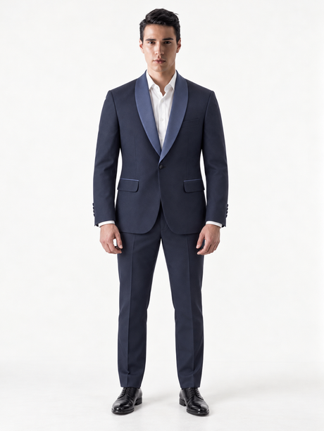 Model wearing the Nocturne Navy suit, front view
