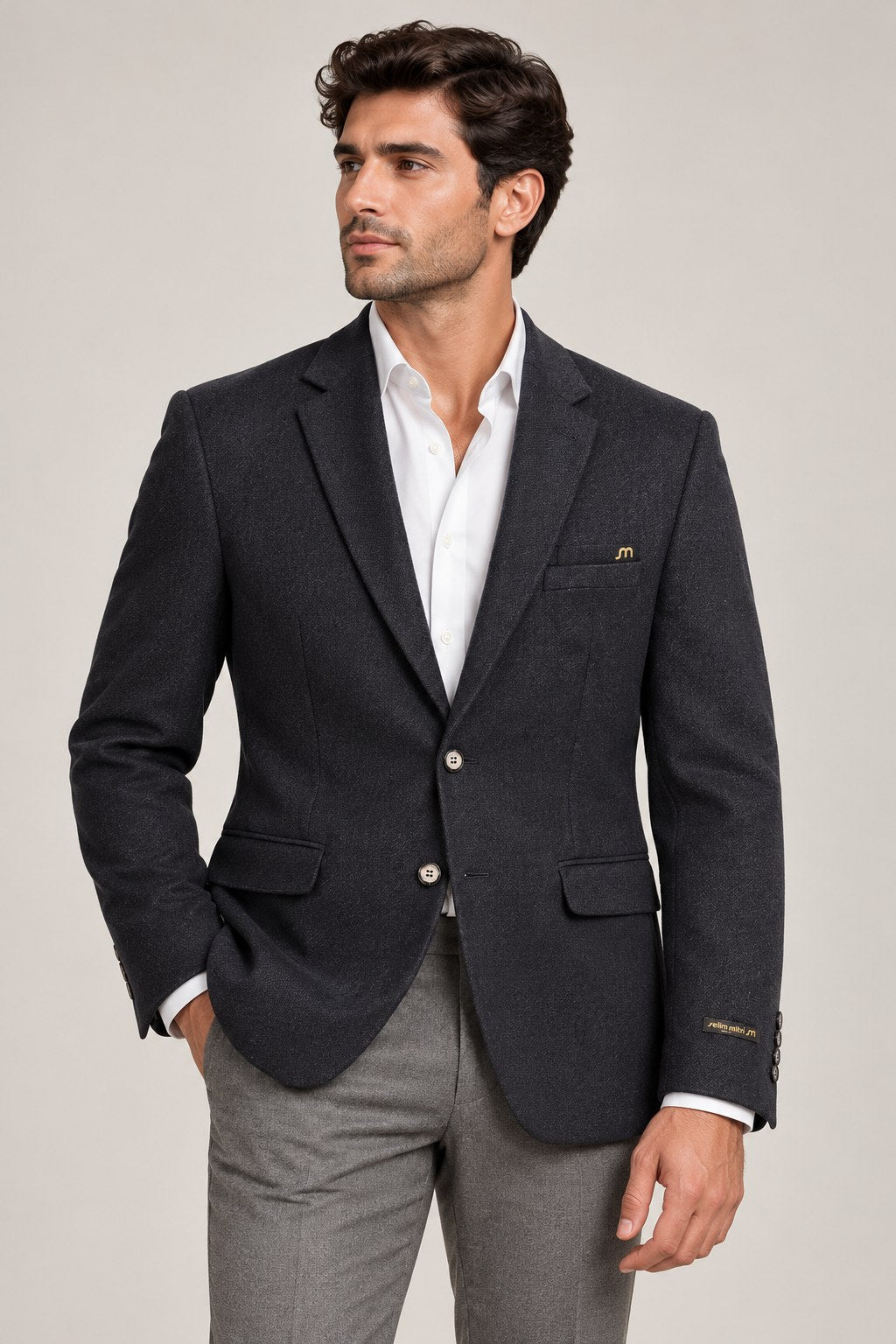 Deep Navy Textured Tailored Blazer — Wider fit view