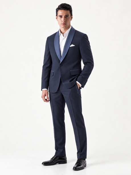 Model wearing the Nocturne Navy suit, three-quarter view