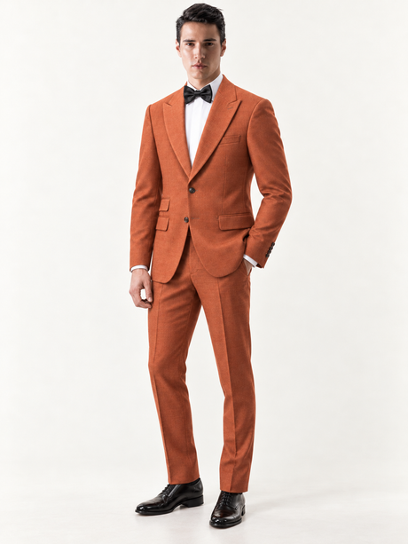 Ember Terracotta Peak-Lapel Tuxedo, three-quarter model view