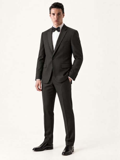 Obsidian Black Pick-Stitch Tuxedo, three-quarter model view