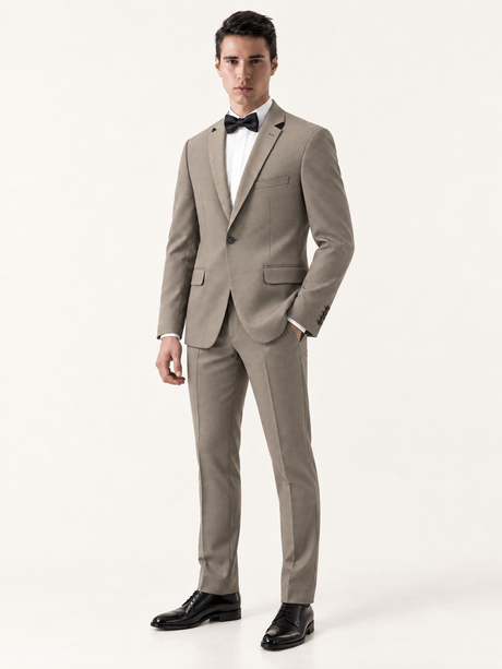 Argent Taupe Contrast-Lapel Tuxedo, three-quarter model view