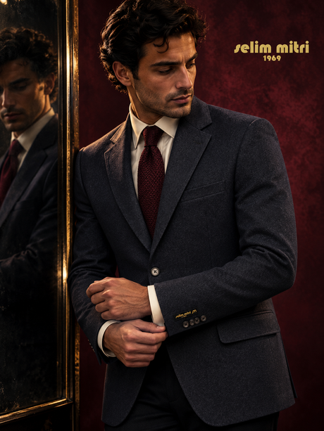 Deep Navy Textured Tailored Blazer — 07 campaign mirror portrait