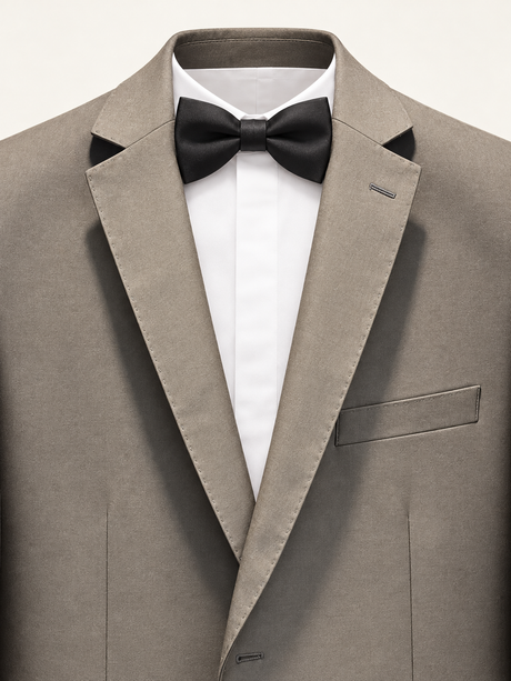 Argent Taupe Contrast-Lapel Tuxedo, lapel and chest detail