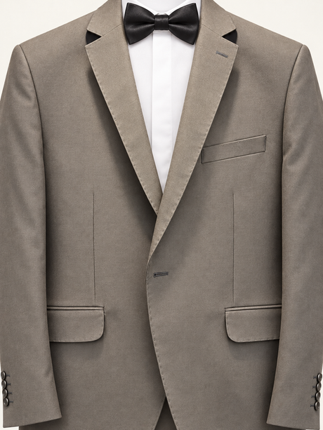 Argent Taupe Contrast-Lapel Tuxedo, closure and pocket detail
