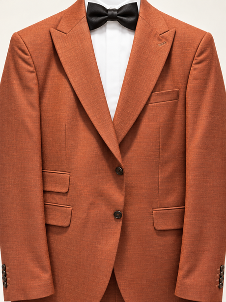 Ember Terracotta Peak-Lapel Tuxedo, closure and pocket detail