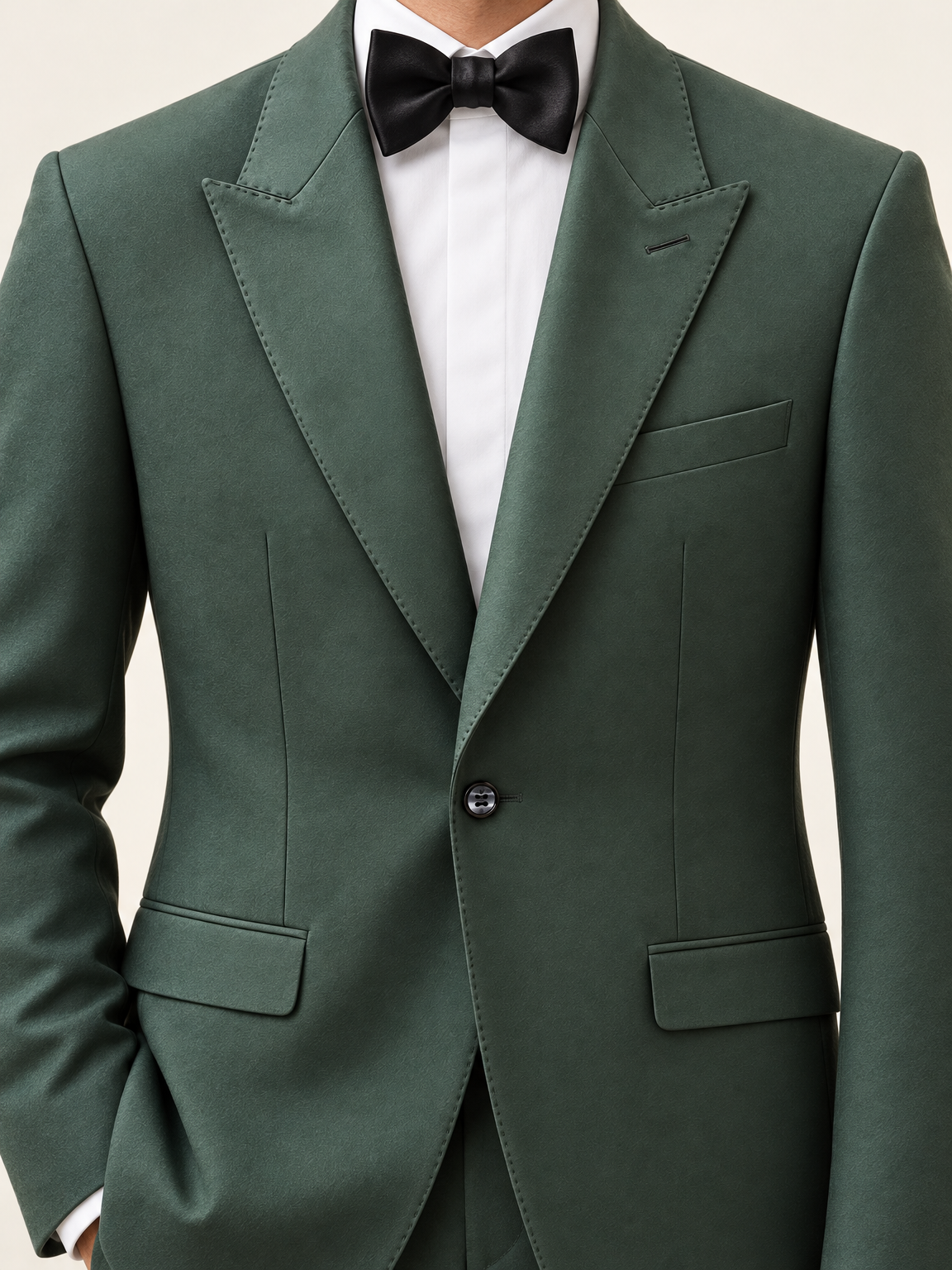 Verdant Green Peak-Lapel Tuxedo, closure and pocket detail