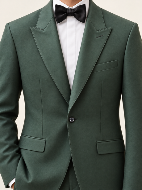 Verdant Green Peak-Lapel Tuxedo, closure and pocket detail