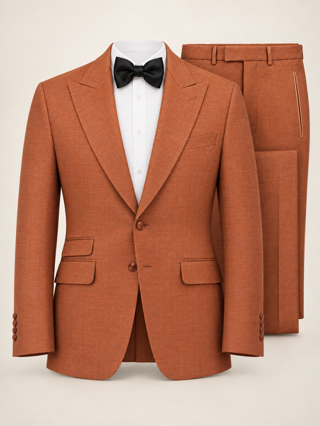 Ember Terracotta Peak-Lapel Tuxedo, provisional trouser waistband detail