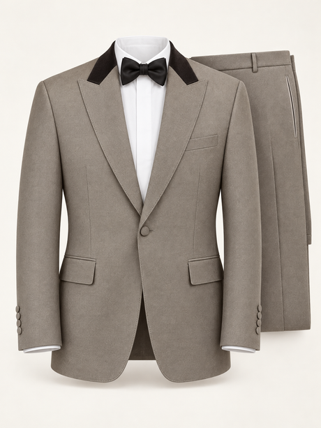 Argent Taupe Contrast-Lapel Tuxedo, provisional trouser waistband detail