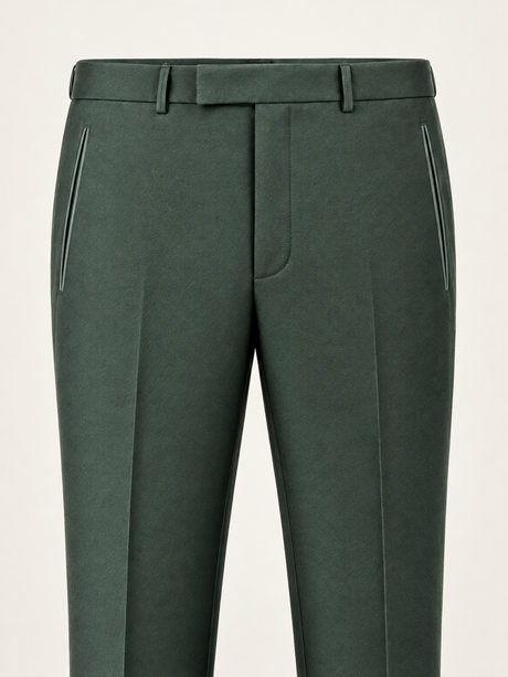 Verdant Green Peak-Lapel Tuxedo, provisional trouser waistband detail