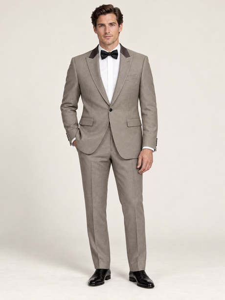 Argent Taupe Contrast-Lapel Tuxedo, provisional trouser hem concept