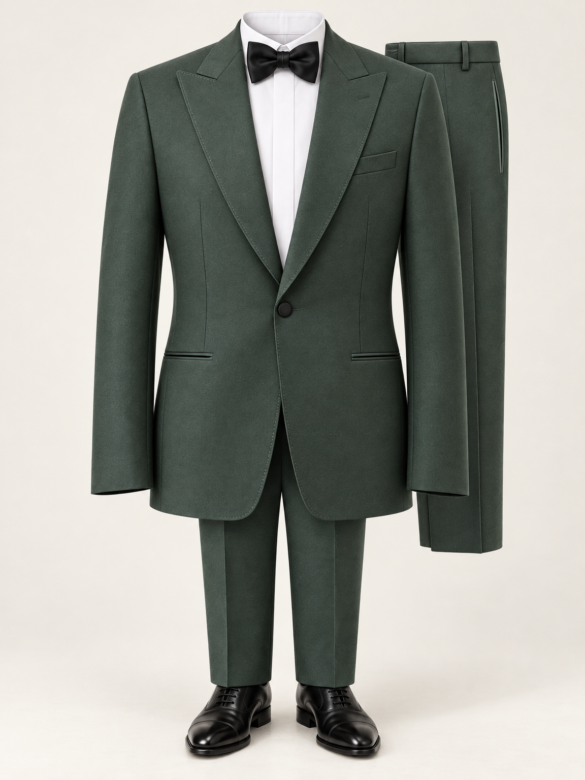 Verdant Green Peak-Lapel Tuxedo, provisional trouser hem concept