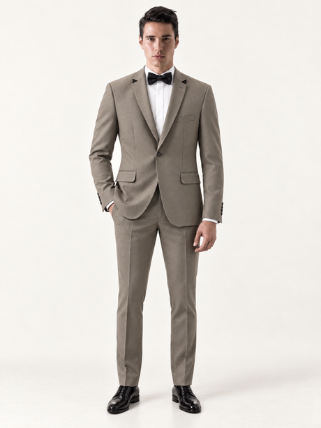 Argent Taupe Contrast-Lapel Tuxedo, complete styled look